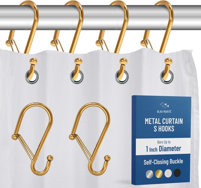 Blau Marité 12 Decorative Metal Shower Curtain Hooks, S-Shaped Hooks with Anti-Fall System, Rust-Proof Shower Rings with Safety Buckle, Fits Rods Up to 1-Inch Diameter (S, Gold) - Image 1